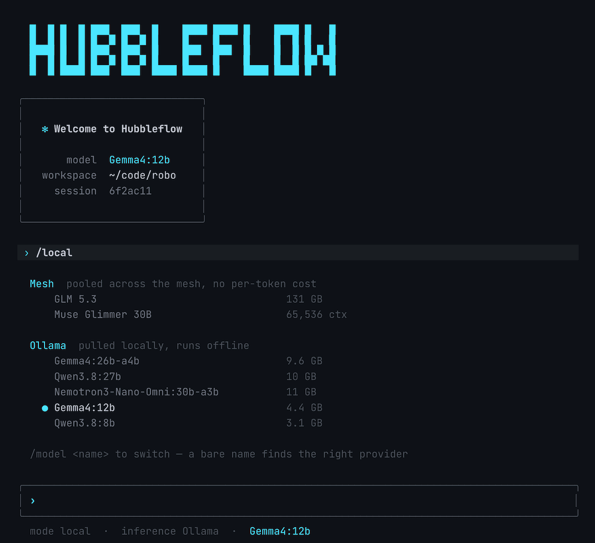 The Hubbleflow terminal listing local models, Mesh and Ollama, with Gemma4:12b selected